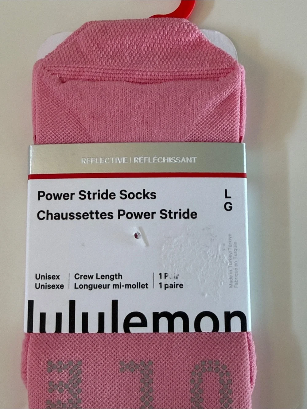 NEW Lululemon Power Stride Crew Socks Size L in Candy Cloud Reflective Cushioned